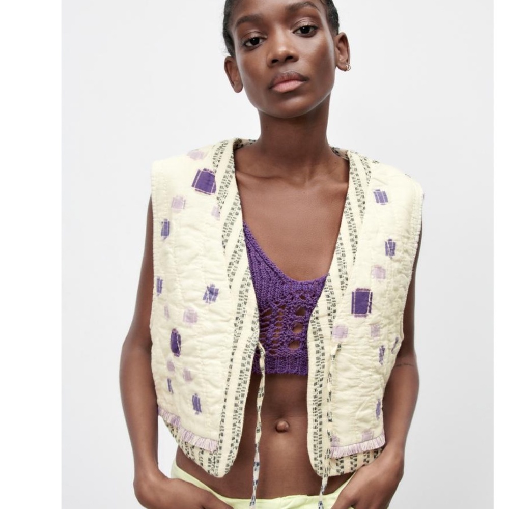 Zara Fringed Quilted Tie Front Embroidered Vest Ecru Purple MODERN BOHO